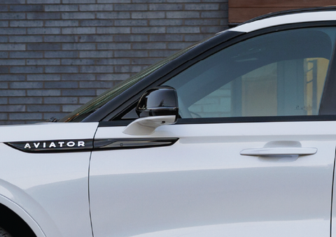 The driver’s door of a white 2025 Lincoln Aviator® SUV is showcased. | Empire Lincoln of Huntington in Huntington NY