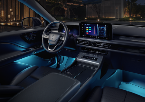 Deep blue ambient lighting glows from various places within a 2025 Lincoln Aviator® SUV. | Empire Lincoln of Huntington in Huntington NY